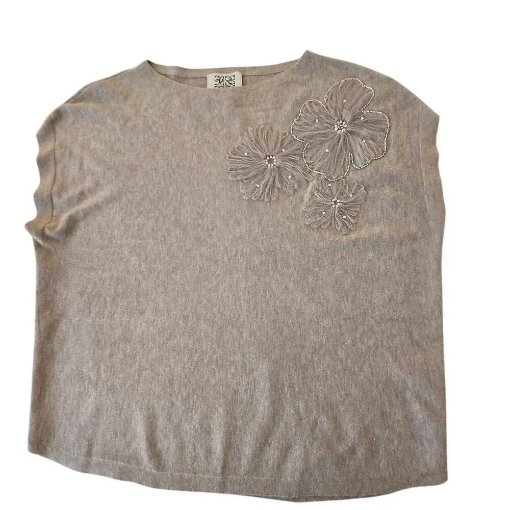 LIV Milano Womens Pearl Embellished Floral Applique Knit Sweater Taupe Large